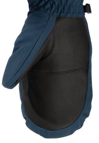 Manopla aislante de color azul marino con palma de cuero negro texturizado, abertura para el pulgar con acabado liso y muñequera elástica para un ajuste seguro.