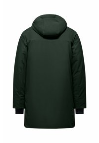 Giacca parka verde con cappuccio, caratterizzata da una texture liscia e opaca, maniche lunghe e un retro leggermente più lungo per una maggiore copertura.