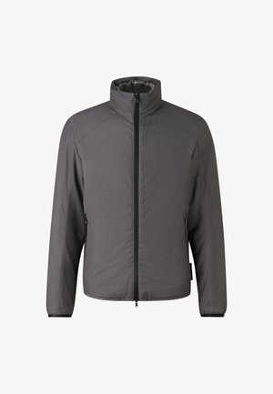 Grijze gebreide jas met een opstaande kraag, twee zijzakken, een soepele textuur en subtiele diagonale stikseldetails op de schouders.