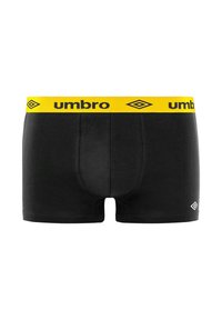 Boxers pour hommes noirs avec une ceinture jaune portant le texte "umbro" et le logo en noir, ainsi qu'un petit logo blanc sur la jambe gauche.
