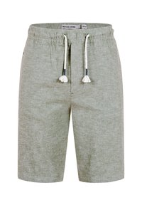 Shorts décontractés gris clair avec taille élastique et cordon blanc, en tissu texturé, étiquette taille moyenne.