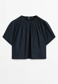 Top a maniche corte blu navy con scollatura arricciata e vestibilità morbida. Realizzato in tessuto morbido, presenta un orlo dritto e nessuna decorazione visibile.