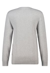 Pullover grigio a maniche lunghe con scollatura rotonda, realizzato in morbido materiale a maglia. Presenta polsini e orlo a coste, con una texture liscia e senza motivi.
