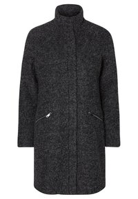 Dunkelgrauer Wollmantel mit hohem Kragen, langen Ärmeln und zwei seitlichen Reißverschlusstaschen. Strukturierter Stoff mit geradem Schnitt.