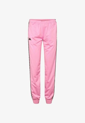 Rosa verjüngte Jogginghose mit elastischem Bund und Bündchen, mit schwarzem Logo und seitlichen Streifen mit wiederholtem weißen Markenschriftzug.