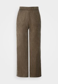 Brede broekspijpen in een gedempt bruin kleur met een subtiel bladenpatroon. Gemaakt van een zachte stof met een elastische tailleband voor comfort.