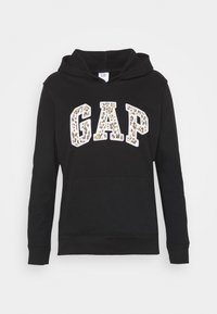 Sweat à capuche noir avec une poche kangourou frontale, arborant le logo "GAP" en imprimé léopard. Confectionné en tissu doux mélange de coton avec des poignets côtelés.