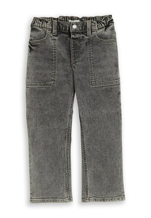Dziecięce wyblakłe czarne spodnie dżinsowe z elastycznym pasem, guzikiem z przodu, szlufkami na pasek i dużymi naszywanymi kieszeniami z przodu.