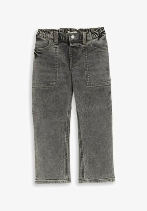 Pantalon en jean noir délavé pour enfants avec taille élastique, bouton devant, passants de ceinture et grandes poches plaquées à l'avant.