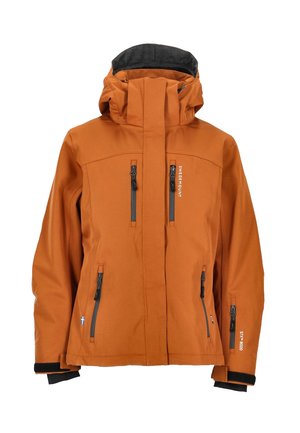 Veste extérieure orange avec un col haut et une capuche réglable. Comprend une fermeture éclair à l'avant et des poches latérales avec un doublure noire. Matériau imperméable.