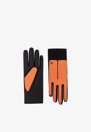 Black leather gloves with orange accents, featuring a smooth texture, five-finger design, and a contrasting orange panel on one glove.
