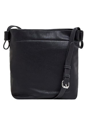 Zwarte leren crossbodytas met verstelbare gespsluiting en een gladde, gestructureerde oppervlakte.