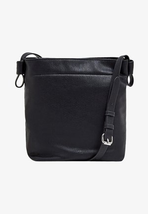 Zwarte leren crossbodytas met verstelbare gespsluiting en een gladde, gestructureerde oppervlakte.