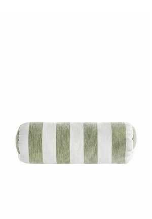 Cylindrical bolster pillow with alternating light green and white vertical stripes on a textured fabric.