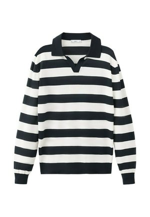 Pulover z dolgimi rokavi s črno-belimi vodoravnimi črtami in črnim ovratnikom z izrezom v obliki črke V.