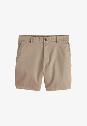 Beżowe męskie spodenki do kolan z przednimi kieszeniami, zapinanym na guziki pasem, szlufkami na pasek i zapięciem na zamek błyskawiczny.