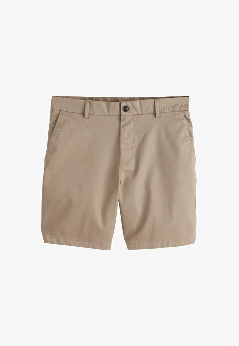 Pantaloncini beige da uomo fino al ginocchio con tasche frontali, vita con bottoni, passanti per cintura e chiusura con zip.