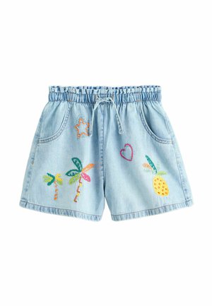 Hellblaue Jeansshorts mit elastischem Bund und Kordelzug, verziert mit bunten, bestickten Palmen, Stern, Herz und Ananas.