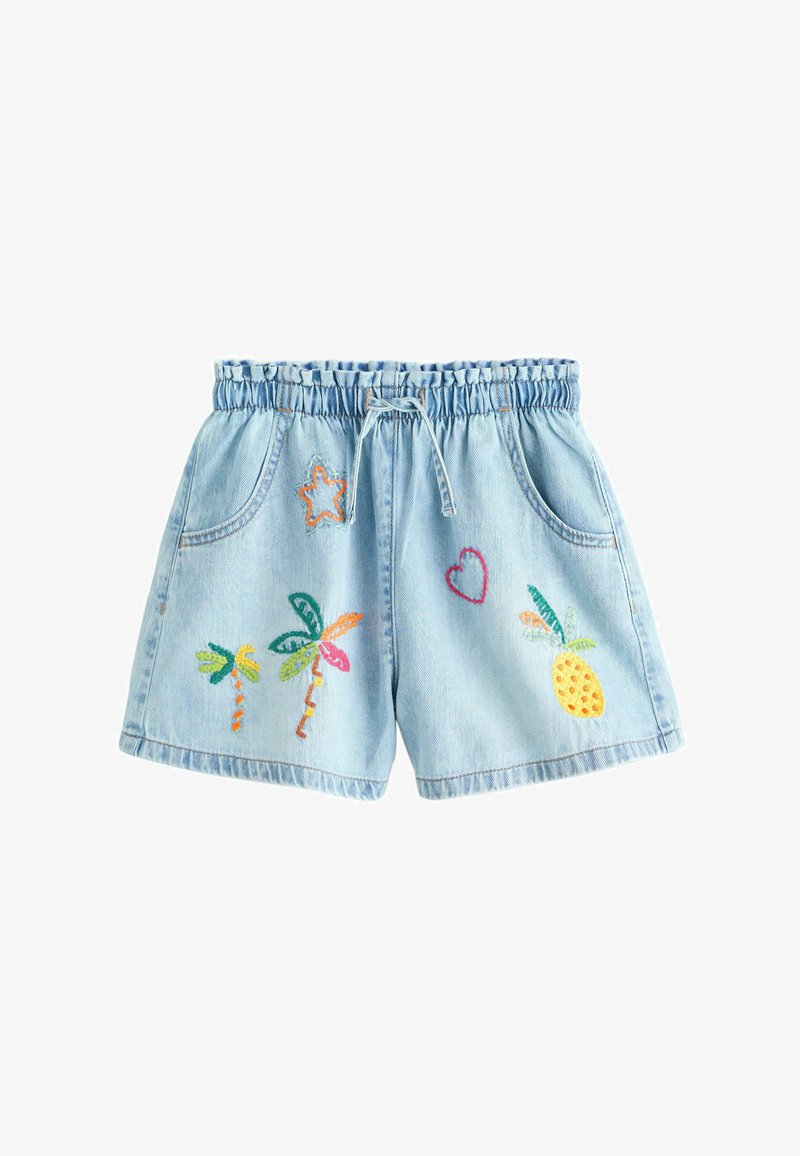 Shorts en denim bleu clair avec taille élastique et cordon de serrage, décorés de palmiers brodés colorés, étoile, cœur et ananas.
