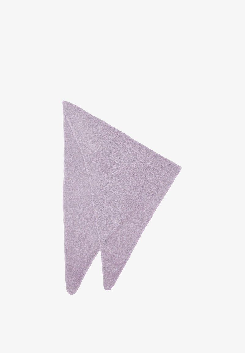 Écharpe en forme de triangle violet, fabriquée dans un tissu doux et texturé. Elle présente deux extrémités pointues et un léger éclat. Pas de motifs ni de matériel visible.