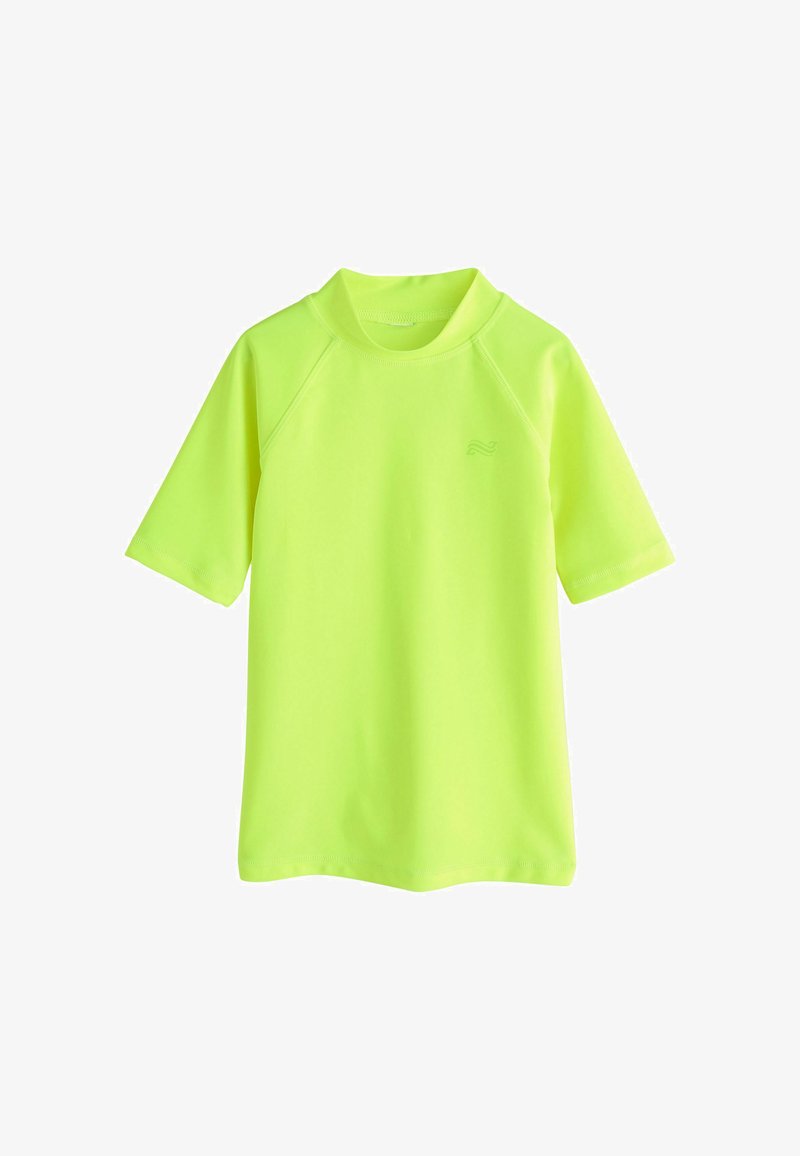 Maglia protettiva a maniche corte di colore giallo-verde neon con scollo rotondo, progettata per la protezione solare durante le attività in acqua.