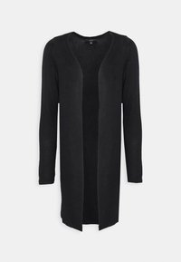 Svart långärmad cardigan med öppen front, ribbad textur och rak fåll, lämplig för lager-på-lager-stil över kläder.