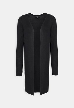 Cardigan noir à manches longues et ouverture devant, avec une texture côtelée et un ourlet droit, idéal pour superposer sur des tenues.