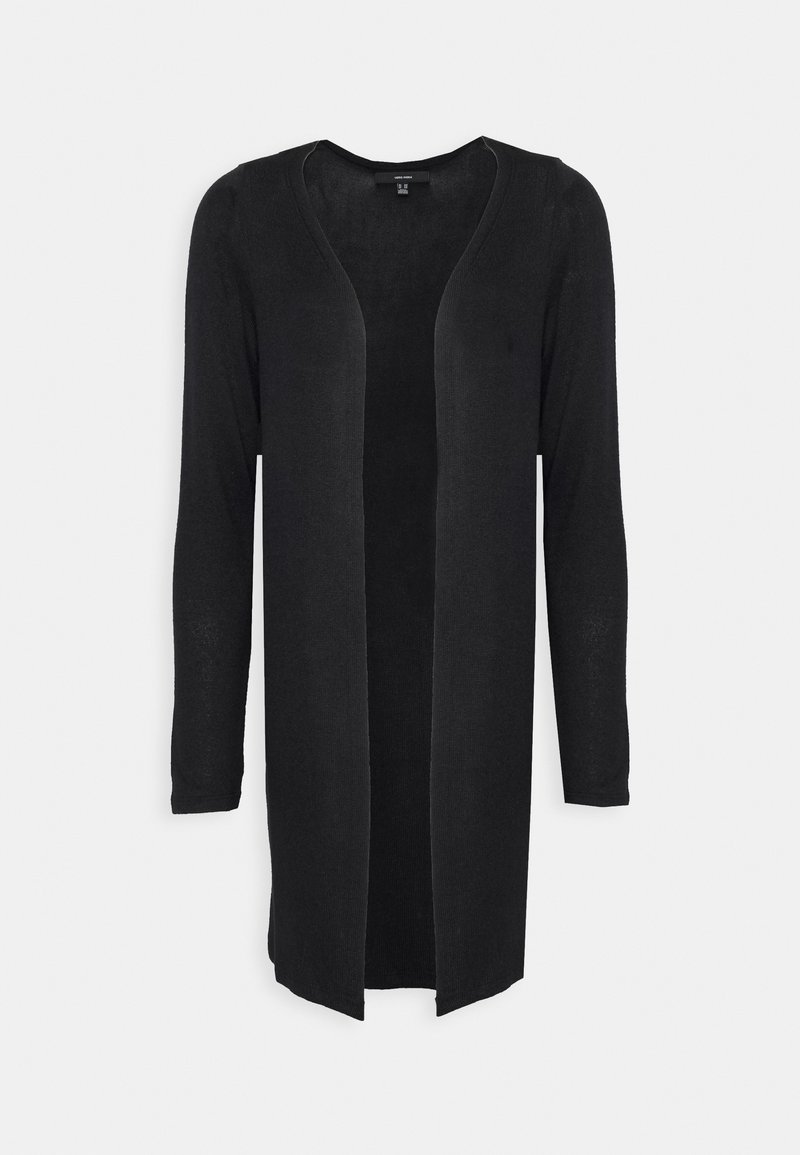 Svart långärmad cardigan med öppen front, ribbad textur och rak fåll, lämplig för lager-på-lager-stil över kläder.