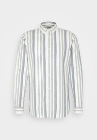 Witte shirt met grijze verticale strepen, met knoopsluiting, lange mouwen en een klein blauw logo op de borst. Glad stoftextuur.