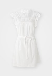 Valkoinen mekko, joka on valmistettu kevyestä kankaasta. Mekossa on lyhyet röyhelöhihat, kirjailtu yläosa ja sidottava vyö. Kankaan pinnassa on hienovarainen tekstuurikuvio.