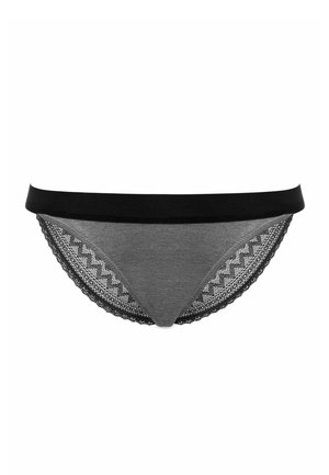Grauer Stoff-Bikini-Slip mit schwarzem Spitzenbesatz. Verfügt über einen glatten Bund und ein Zickzackmuster auf der Spitze. Weicher Stoff überall.