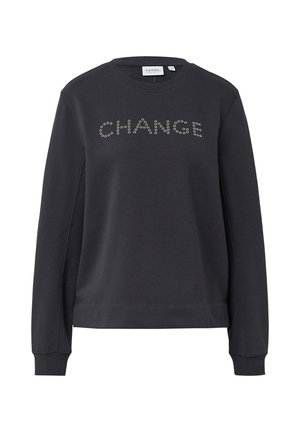 Donkergrijze sweatshirt met lange mouwen, ronde hals en het woord "CHANGE" in zilveren studs over de borst. Zachte stof en geribbelde boorden.