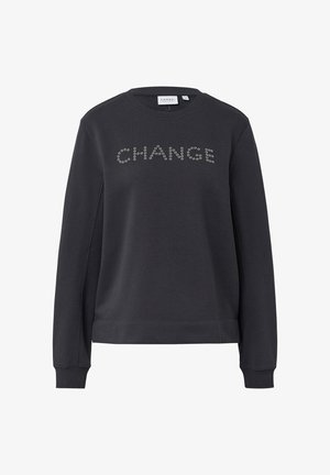 Donkergrijze sweatshirt met lange mouwen, ronde hals en het woord "CHANGE" in zilveren studs over de borst. Zachte stof en geribbelde boorden.