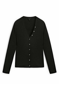 Cardigan nero a coste con profondo scollo a V, maniche lunghe e bottoni metallici lungo la patta frontale. Texture liscia e design aderente.