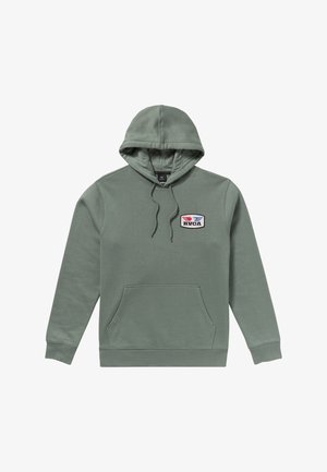 Sweat à capuche en coton mélangé vert discret. Il présente une poche avant et un patch de logo brodé avec des accents rouges et bleus. Coupe classique.