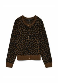 Cardigan léopard en marron et noir, avec un col rond, des fermetures à boutons et des poignets et un ourlet côtelés. Tissu doux et texturé.