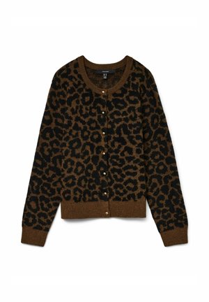 Leopardenmuster-Kartegan in Braun und Schwarz, mit rundem Ausschnitt, Knopfverschlüssen sowie gerippten Bündchen und Saum. Weicher, strukturierten Stoff.