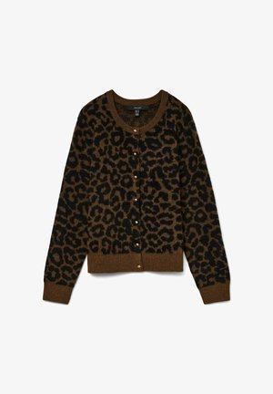 Leopard print cardigan in brown and black, featuring a round neckline, button closures, and ribbed cuffs and hem. Soft, textured fabric.