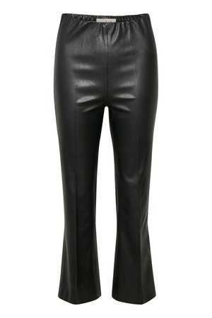 Schwarze High-Waist-Hose aus Kunstleder mit elastischem Bund und leicht ausgestellten Säumen, von vorne auf weißem Hintergrund gezeigt.