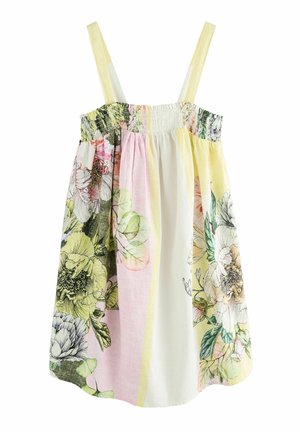 Ærmeløs kjole med smocket overdel, lodrette striber i pastelgul, lyserød og hvid samt blomsterprint i grønt, hvidt og lyserødt.
