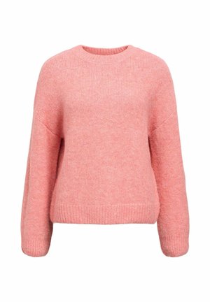 Rosa strikket genser med rund hals, senkede skuldre og avslappet passform. Myk tekstur med ribbet kant og mansjetter.