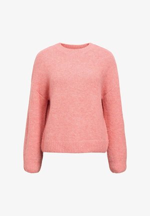 Różowy sweter z dzianiny z okrągłym dekoltem, opuszczonymi ramionami i luźnym krojem. Miękka tekstura z prążkowanym dołem i ściągaczami na rękawach.