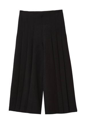 Schwarze, weit geschnittene Culottes mit Falten, aus einem glatten Stoff. Sie haben eine hohe Taille und eine entspannte Passform, die für verschiedene Anlässe geeignet ist.