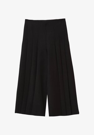 Culotte neri a gamba larga con pieghe, realizzati in un tessuto liscio. Presentano una vita alta e una vestibilità rilassata, adatti per diverse occasioni.