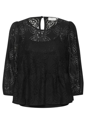 Musta pitsipaita, jossa on pitkät hihat ja peplum-muotoilu. Kukkakuosi ja avonainen selkäosa. Kevyt, puoliläpinäkyvä kangas.