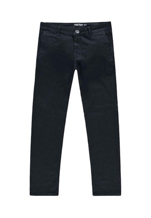 Zwarte katoenen jeans met een slim fit, vijf zakken en een knopsluiting. Glad textuur en minimale stikseldetails.