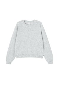 Gray sweatshirt made of soft fabric, featuring a round neckline, long sleeves, and ribbed cuffs and hem. No patterns or graphics.