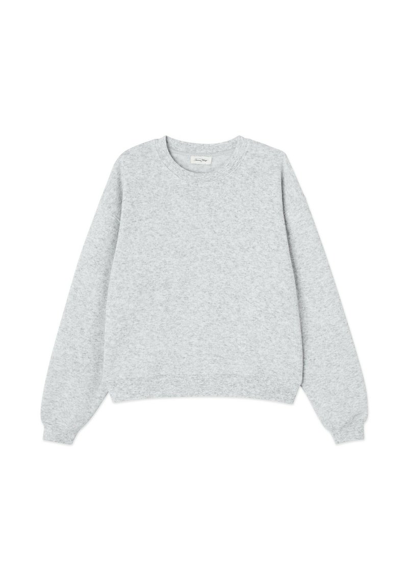 Gray sweatshirt made of soft fabric, featuring a round neckline, long sleeves, and ribbed cuffs and hem. No patterns or graphics.
