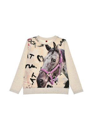 Sweatshirt mit einem Grafikdesign eines Pferdekopfes, cremefarben mit gesprenkelter Textur, rundem Ausschnitt, langen Ärmeln und schwarzen Textelementen.