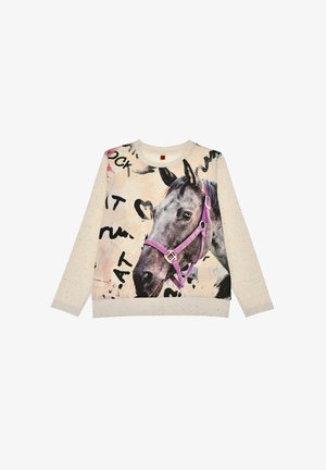 Sweatshirt featuring a horse's head graphic, cream with speckled texture, round neckline, long sleeves, and black text accents.